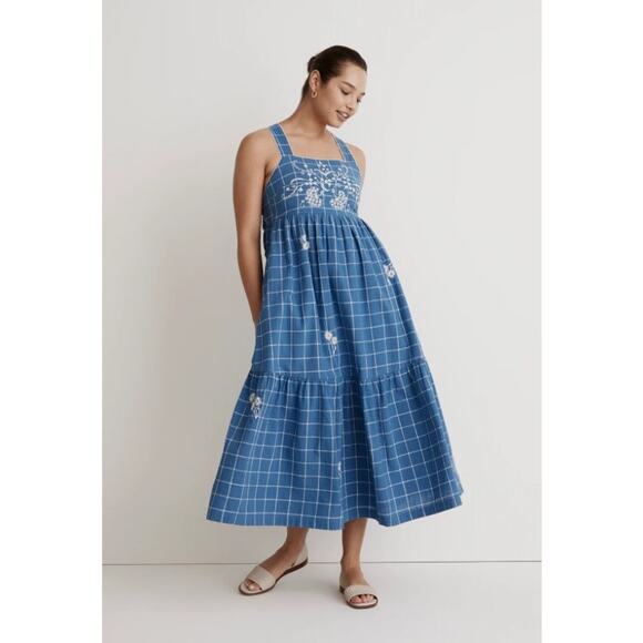 NWT Madewell Embroidered Cicely Tiered Midi Dress in Plaid – Size 8 Lightweight - Picture 1 of 8